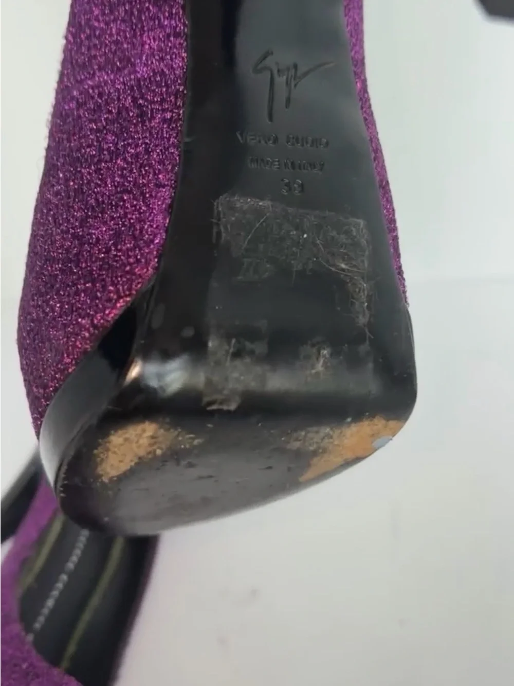 Giuseppe Zanotti Purple Glitter Peep-Toe Pumps with Gold Accents
